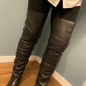 Thigh-Hi Blk Leather Boots Women's 14 / Men's 12